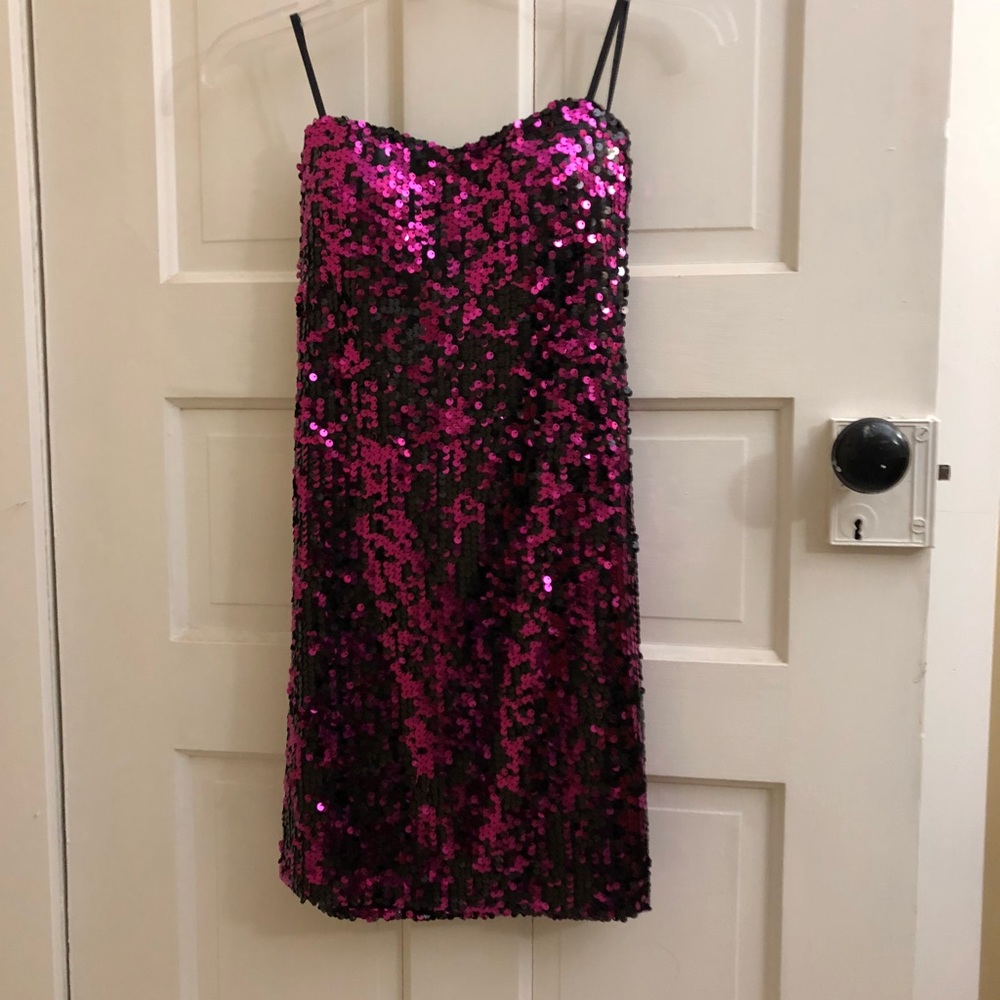 Dark Pink & Black Sequin Strapless Mini